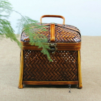 竹編收納盒首飾盒化妝包手提小方包仿古帶鎖有蓋創意儲物飾品收納