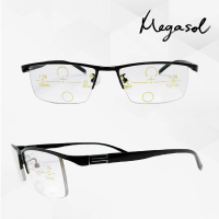 MEGASOL 斯文青中性眉框漸進多焦老花眼鏡變色墨鏡太陽眼鏡(氣質書生半框-JJBS01-BK黑色)