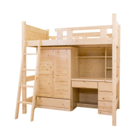 柏蒂家居-卡維3.5尺單人多功能松木高層床架三件組(床架+衣櫃+書桌)
