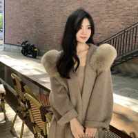 23 fur collar fur coat for women's double-sided woolen coat, women's mid length hooded