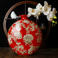 紅色鳳尾手繪陶瓷扁瓶圓圓滿滿裝飾瓶擺件花瓶藝術品手繪結婚瓷器