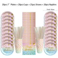 Birthday Pink Gold Disposable Tableware Set Paper Plates Cups Napkins Tablecloth for Kid Birthday Party Decor Dishes Baby Shower