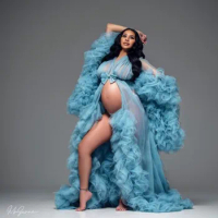 Blue Tulle Pregnancy Robes For Photo Shoot Plus Size Bow Waistband Long Sheer Extra Puffy Fluffy Maternity Dressing Gow