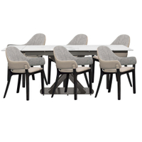 文創集 羅可4.7尺可伸縮岩板實木餐桌椅組合(一桌六椅組合＋餐椅二色可選)-140-200x90x75cm免組