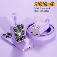 Mini Power Bank 20000mAh Portable Cute Powerbank Built in Cables External Battery Charger For iPhone 12 Xiaomi Huawei Poverbank