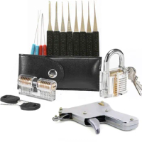 5 In 1 Lock Practice Set Pick Broken Key Remove Set with 2pcs Crystal Lock,Lock Gun,15pcs Bag Lock Tool