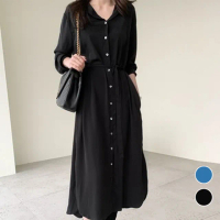 【AnZa】中長款襯衫式開衫連身裙外套(附腰帶)