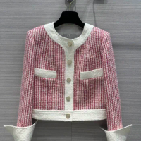 Prune powder woven plaid soft coat, super skin white, atmosphere quality, color splicing