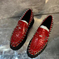 Luxury Brand Men's Fashion Rivets Shoes red Flats Loafers Men Handmade Man Party Wedding Shoes size 40-48