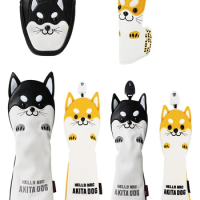 Golf Wood Head Cover for Driver Fairway Hybrid Cute Akita Golf Putter Cover PU Leather Waterproof Protector Golf Club Cover