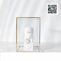 新中式輕奢黃銅透明防塵玻璃罩方形展示盒書房大理石裝飾獅子擺件