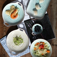 釉下彩日式陶瓷盤子菜盤家用餐具創意旋紋雙耳魚盤早餐盤深盤碟子