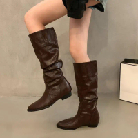 Off-White Chunky Heel Pointed Toe Slouch Boots Long Boots Women's Shoes 2025 New Spring Autumn Summe