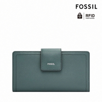 FOSSIL Logan 真皮扣式RFID防盜中長夾-霧藍色 SL7830451