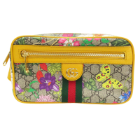 【二手名牌BRAND OFF】GUCCI 古馳 黃色 牛皮飾邊 多色花面 GG Supreme Flora帆布 Ophidia Belt 腰包 574796