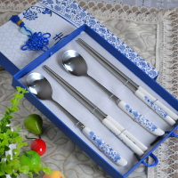 青花瓷餐具便攜式學生辦公勺筷叉套裝不銹鋼筷子勺子西餐送禮回禮
