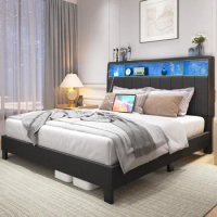 Queen Bed Frame With Storage Headboard Upholstered Queen Bed Frame With Built in Charging Station &amp; LED Dark Grey Platform Bed