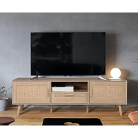 Finnhomy 59" TV Stand for up to 65 inches TV, TV Console with 2 Hand Made Rattan Decorated Doors, Living Room Entertainment