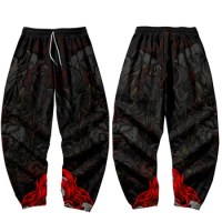 Men Casual Pants Summer New Black Personality Casual Pants Printing Loose Cropped Trousers Kimono Daily Samurai Trousers Men