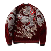 Boy Men Sukajan Souvenir Jacket Dragon Embroidered Loose Coats Hip Hop Streetwear Red and Black High Street