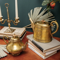 進口銅制刻花高檔冷水壺復古歐式黃銅客廳餐桌裝飾品茶壺酒柜擺件