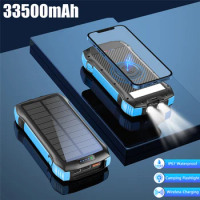 33500mAh Solar Power Bank Fast Qi Wireless Charger Powerbank for iPhone 13 Samsung Huawei Xiaomi PD 20W Fast Charging Powerbank