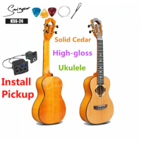 Ukulele 24 Inch Solid Cedar Mini Electric Concert Acoustic Guitar 4 Strings Ukelele Guitarra Install Pickup Highgloss Wood Color