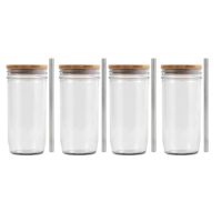Glass Bottle 24Oz Glass Tumbler Cup With Bamboo Lid And Straw Wide Mouth Mason Jar For Smoothies, Juice, Tea, Iced Coffee