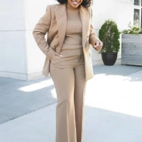 Tesco Khaki Casual Suit Blazer For Women Double Breasted Jacket Wide Leg Pants For Spring Thin Office Female Pant Sets 2024