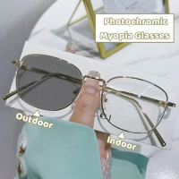 2024 Photochromic Myopia Glasses Finished Flat Color Change Myopia Glasses Metal Eyeglass Frame Blue Light Resistant Glasses