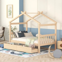 Wooden Bed,Twin Size Wooden House Bed with Drawers,Childern's bed with storage space &amp; durable frame,for Kids,Bedroom Furniture