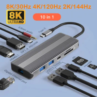 8K USB C Laptop Docking Station 10in1 MST USB 3.0 RJ45 PD DP HDMI 4K 120Hz 2K 144Hz Hub for Macbook HP DELL Surface Lenovo