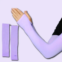 【透氣涼感】冰絲防紫外線防曬袖套1雙(親膚 素色紫色 戶外 露指袖套 路跑慢跑 運動護臂套 外送員 機車手套)