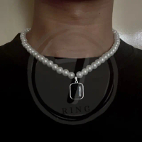 kalung mutiara kombinasi liontin hitam cocok untuk pria dan wanita
