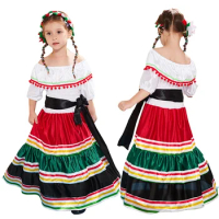 2024 Mexican Fiesta Dress Girls Spanish Princess Halloween Costume Kids Flamenco Dancer Traditional Folk Mexican Fancy Dress