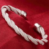 925 Silver Sterling Bangle For Women Man Mesh Wide Braided Bracelet Bangle Chain Wristband Jewelry Bijoux Punk Jewelry