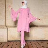 Elegant Pink Chiffon Malaysia Clothes Blouse Arabic Two Peice Set For Women Matching Sets Long Top Pants Baju Kurung Eid Hijab