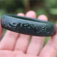 Natural 7A hetian black green jade bangles handcarved lotus flower jade bracelet bangles for women jade bracelet jade jewelry