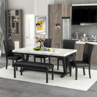 6-piece Dining Table Set with 1 Faux Marble Top Table,4 Upholstered Seats Chair and 1 Bench