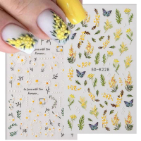 5D Flower Nail Stickers Mimosa Daisy Cute Little Florals Sliders Design Self-adhesive Green Leaf Embossed Decal Nail Accessories