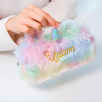 Rainbow Color Faux Fur Unicorn Pencil Case Wallet Storage Pouch Stationery Pencilcase Girl Bag Women Cosmetic Handbag Purse