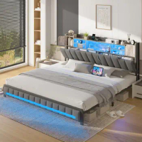 King Size Bed Frame and Bookcase Storage Headboard, LED Upholstered Bed