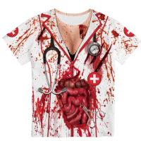 Adult Women Plus Size Horror Bloody zombie Nurse T-Shirt Carnival Party Halloween Costume 3D Printing Scary internal organs Tops