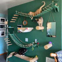 Cat Tree Wall Mounted Climbing Shelves Wooden Hammock with Ladder and Cat Bridge for Cat Perch Sleeping Pet Indoor Playground