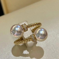 DIY珍珠小配件 S925純銀戒指空托 雙珠版指環銀飾托 配7-9mm圓珠