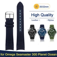20mm 22mm Curved End Nylon Genuine Leather Watch Band for Omega Planet Ocean Seamaster 300 Speedmaster Canvas Sport Watch Strap