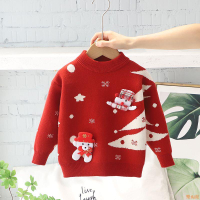 男童女童毛衣套頭加絨加厚兒童寶寶圣誕卡通聖誕衣服紅色針織衫洋氣