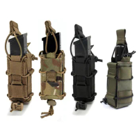 Tactical 9mm Magazine Pouch Molle Pistol Single Mag Bag Flashlight Pouch Torch Holder Hunting Knife Holster for Shooting Airsoft