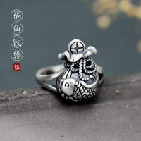 S925純銀原創設計錢袋福魚戒指個性古風文藝簡約開口食指戒指女