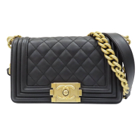 【二手名牌BRAND OFF】CHANEL 香奈兒 黑色 牛皮 菱格紋 Boy 20 鍊帶 肩背包 金扣